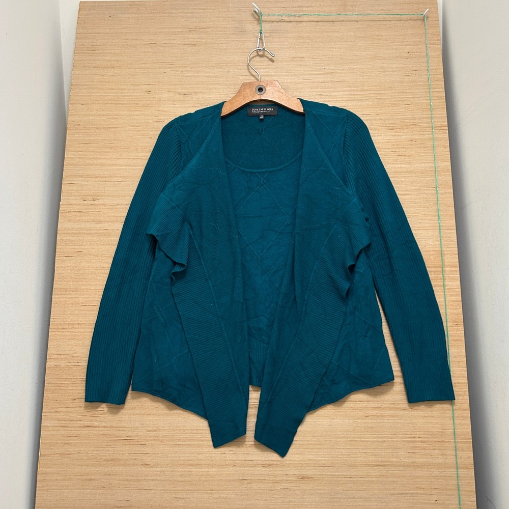 Jones‎ New York Petite Teal Blue Diamond Knit Cardigan and Shell Twin Set PS